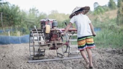 A photograph of a child farming a field. He is barefoot.